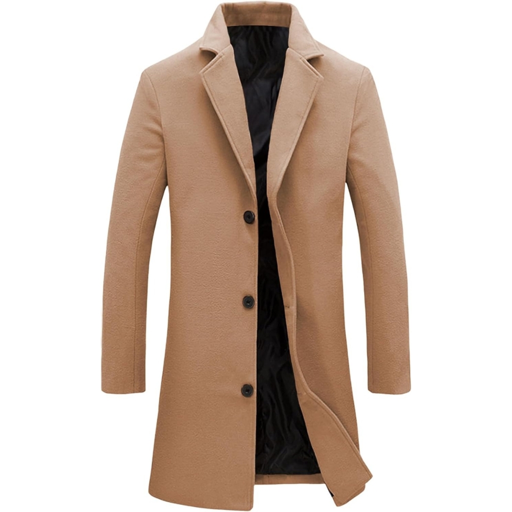 Men's Wool Blend Pea Coat Notched Collar Single Breasted Overcoat Warm Winter Trench Coat