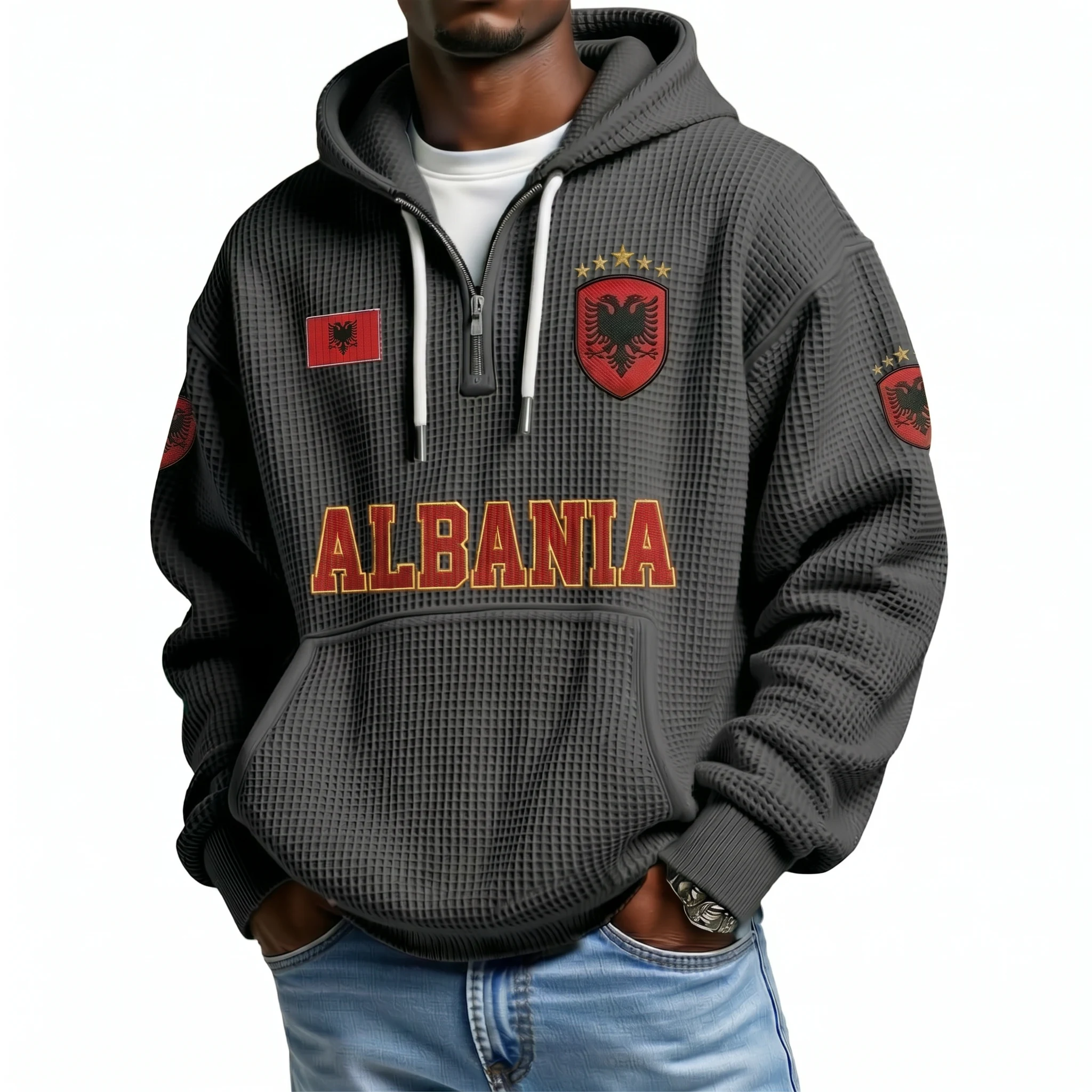 Albania Printed Waffle Quarter Zip Football Fan Hoodie