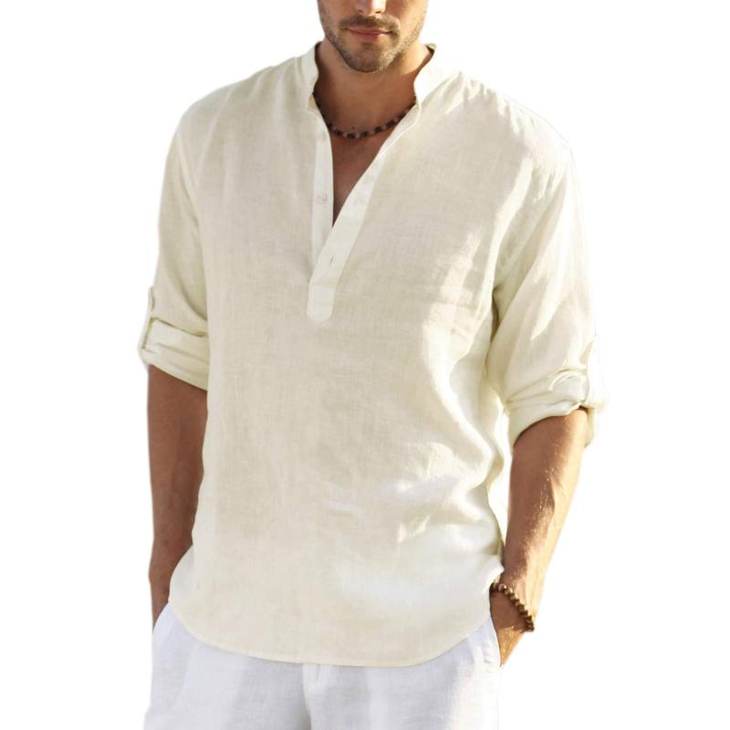 Casual Stand Collar Long Roll Up Sleeve Button Down Shirt For Men