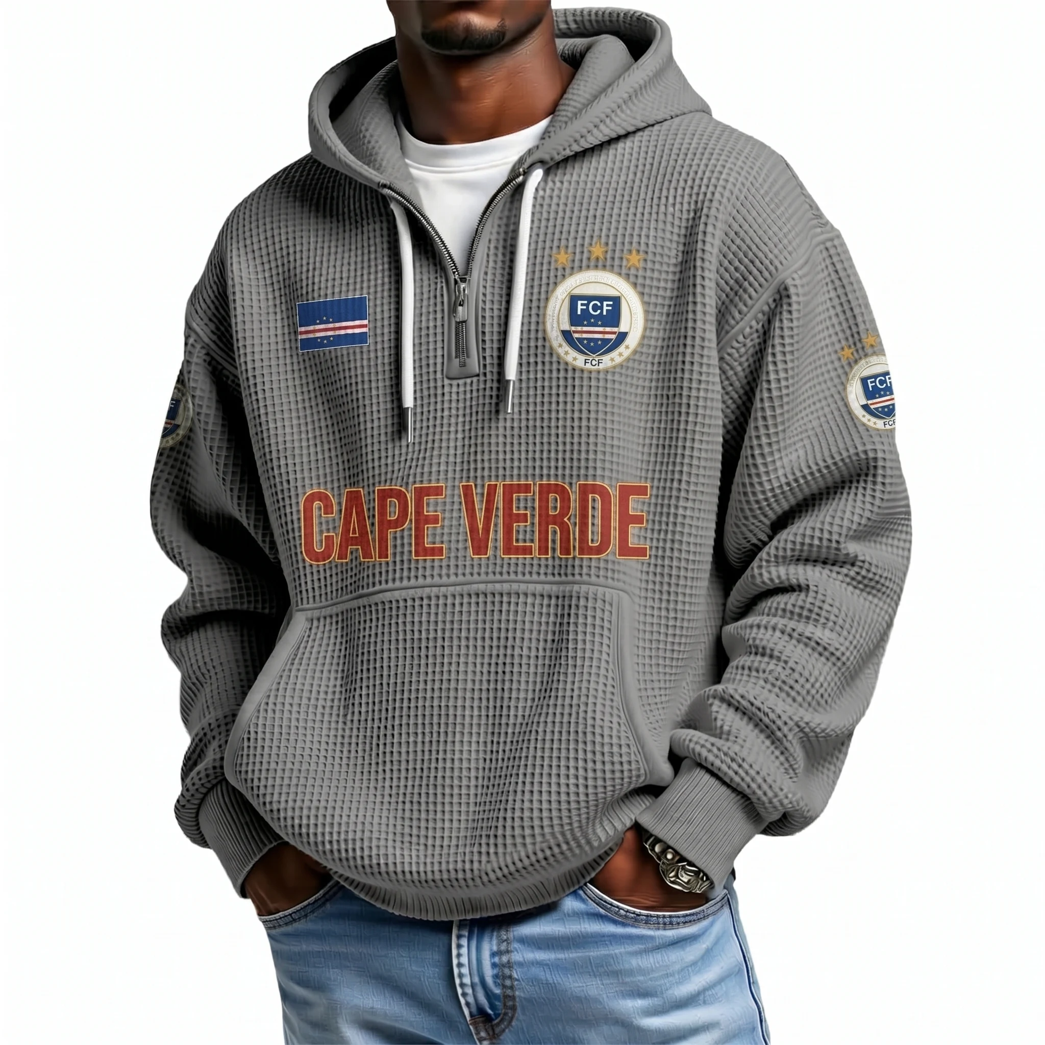 Cape Verde Printed Waffle Quarter Zip Football Fan Hoodie
