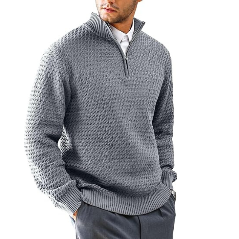 Classic Quarter Zip Textured Pullover Sweater In Slim Fit Style For Men