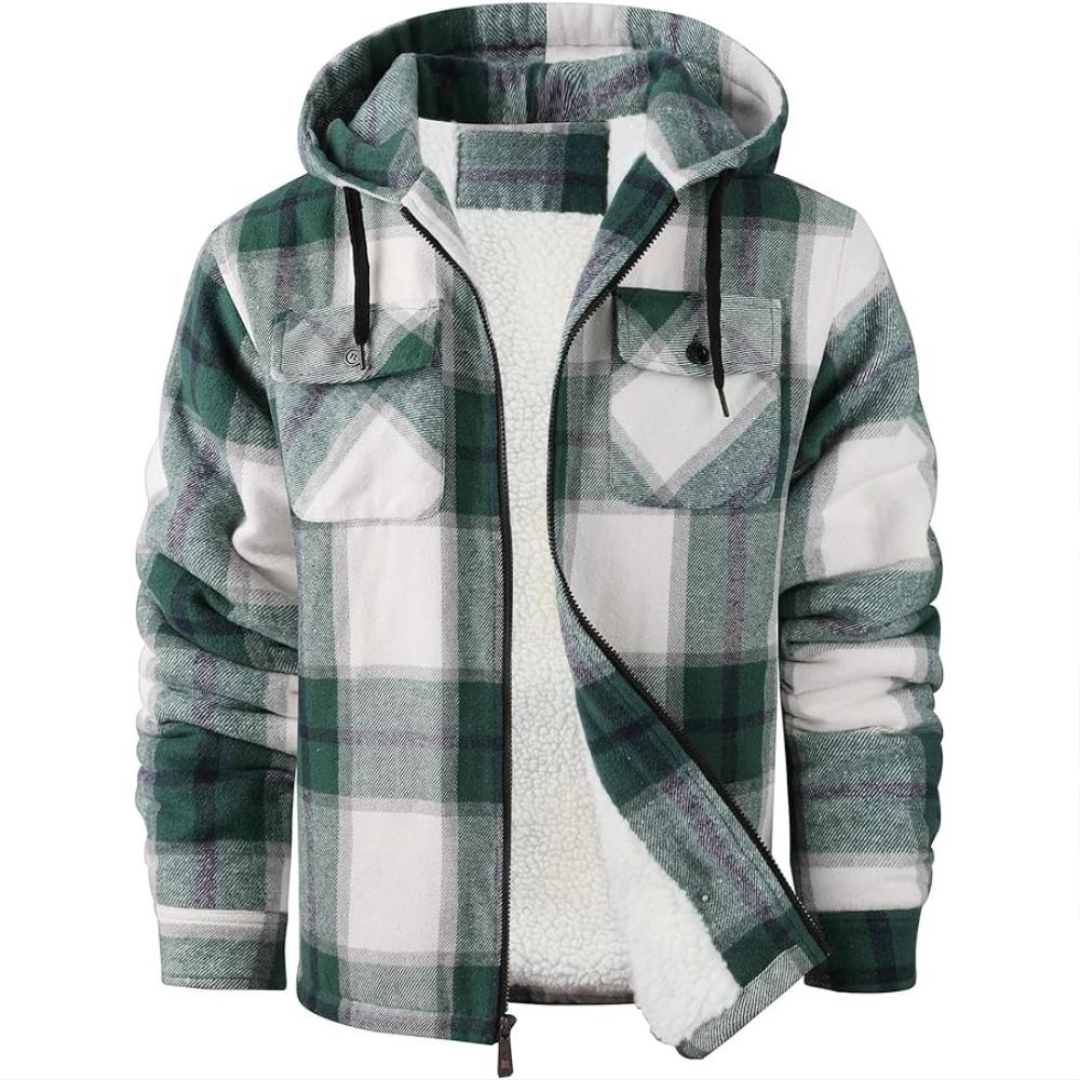 Men Plaid Flannel Jacket With Sherpa Lining And Winter Zip Up Hoodie Coat