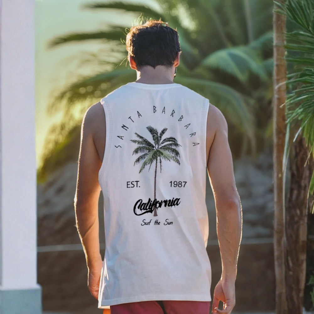 Coconut Tree Letter Print Casual Tank Top For Men