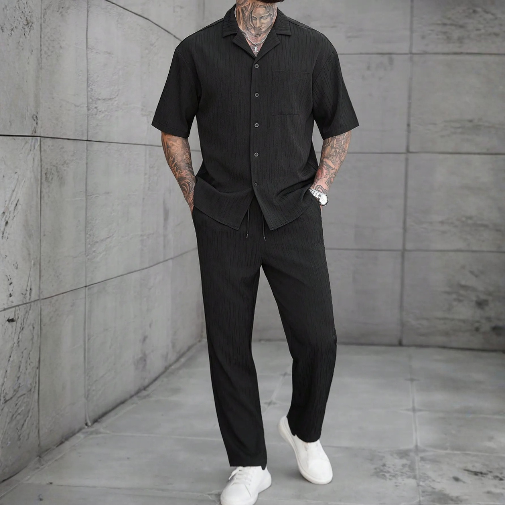 Linen Short Sleeve Ruffle Tape Shirt And Drawstring Pants For Men