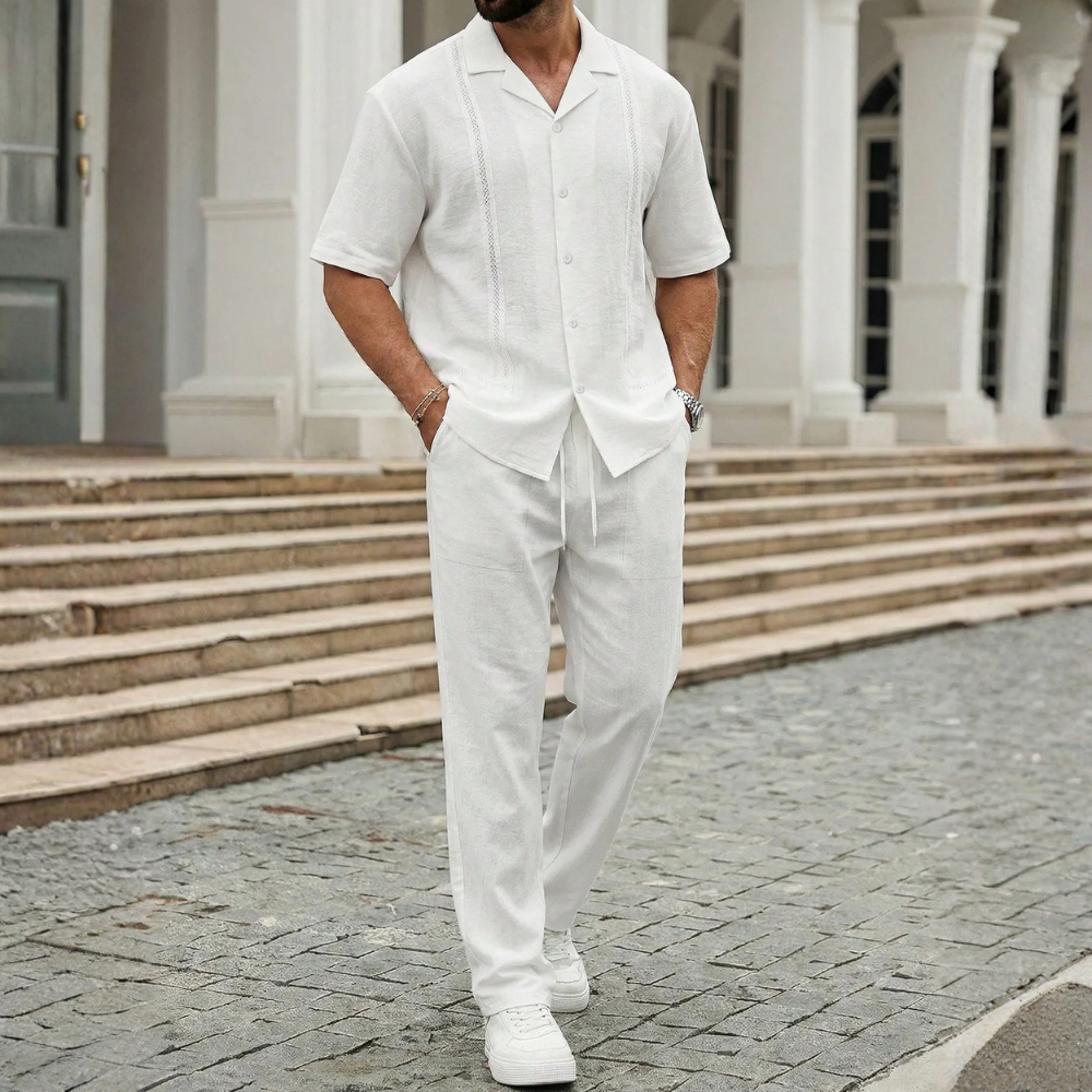Linen Short Sleeve Ruffle Tape Shirt And Drawstring Pants For Men