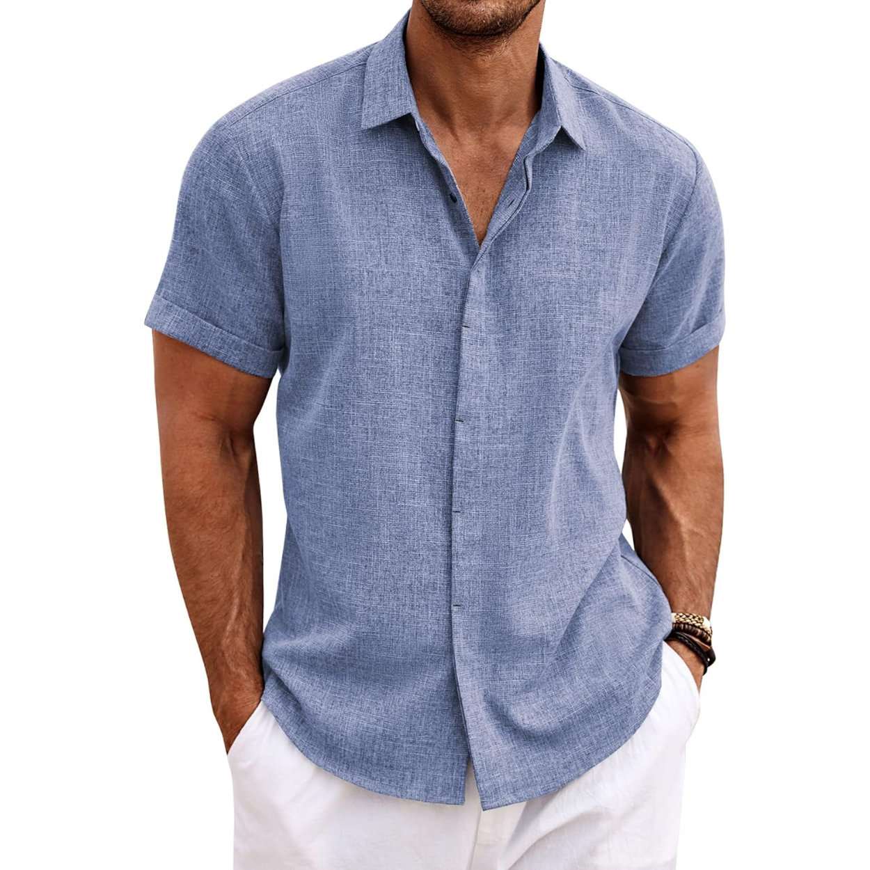 Casual Short Sleeve Linen Button Up Beach Shirt