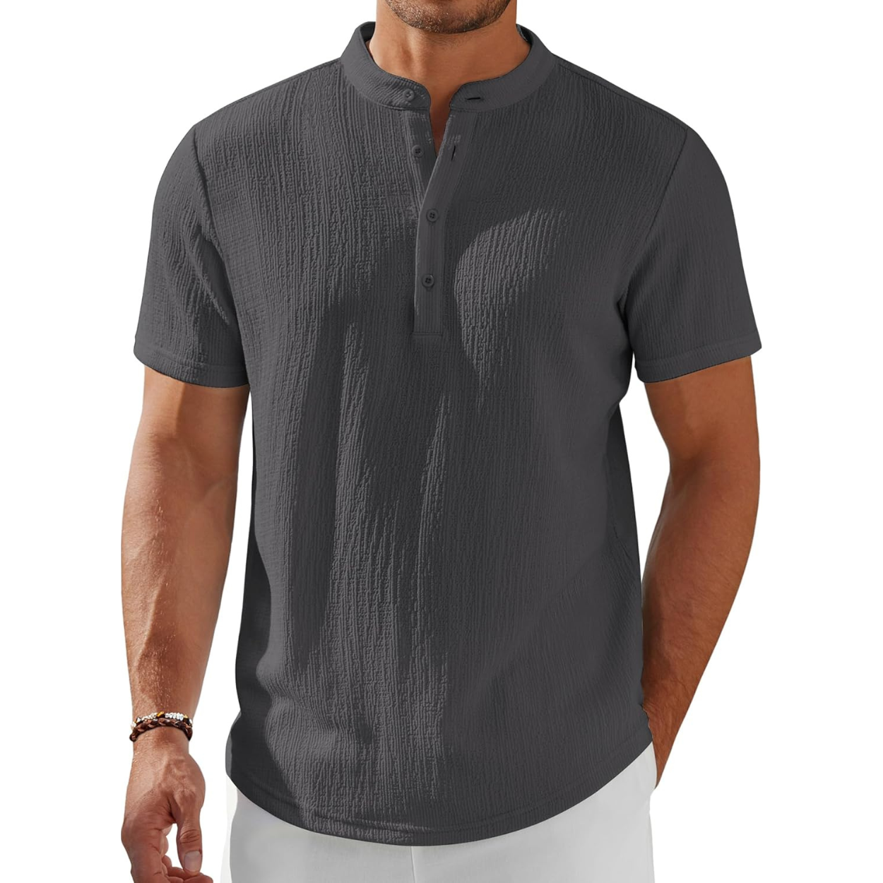 Short Sleeve Stand Collar Casual Beach Shirt For Men