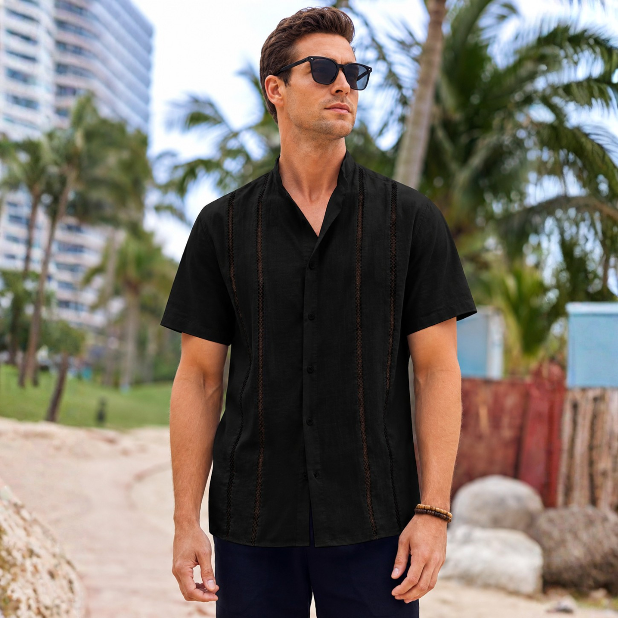 Men Casual Guayabera Embroidered Button Down Shirt