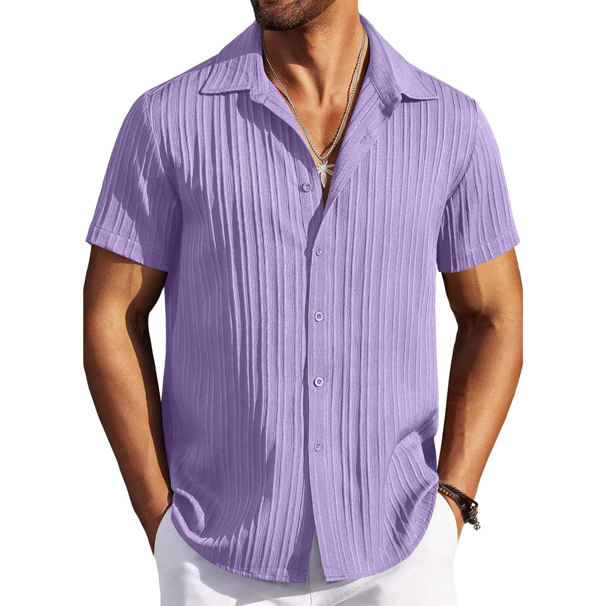 Casual Short Sleeve Textured Button Down Summer Beach Shirt For Men 