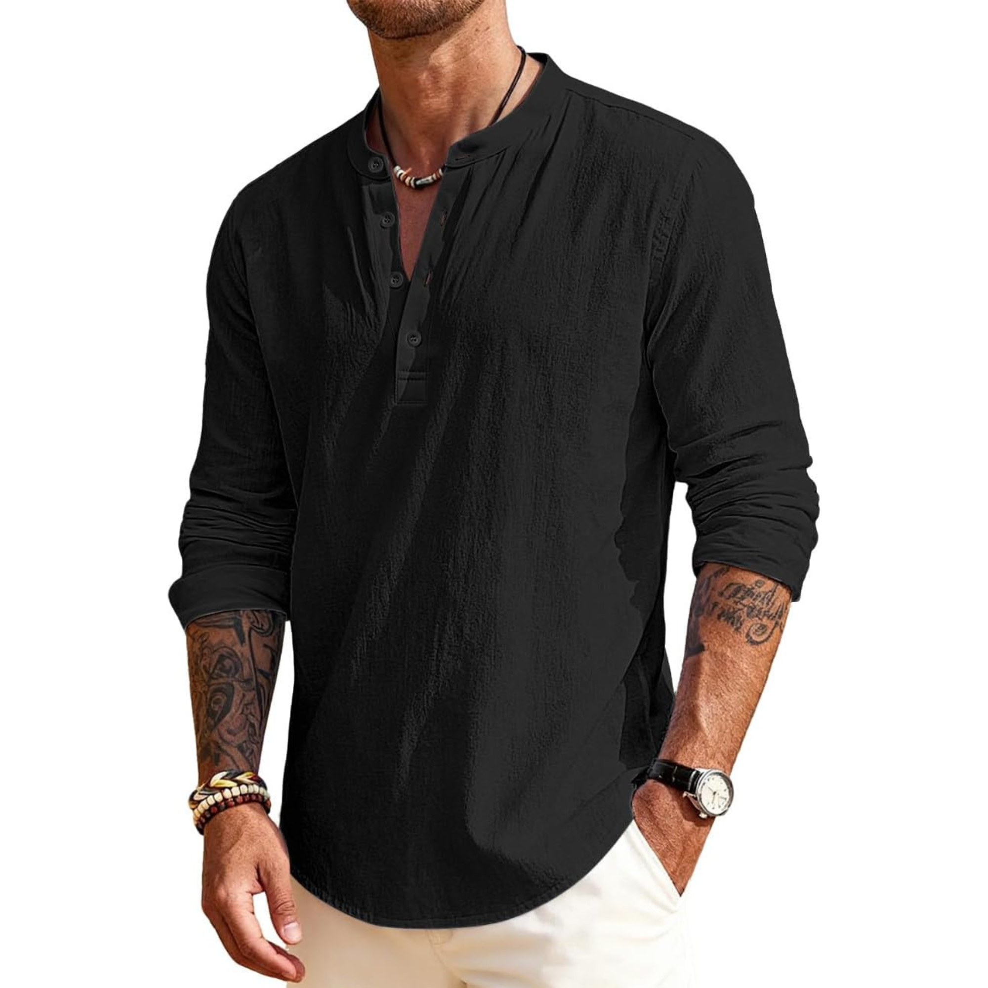 Linen Henley Long Sleeve Casual Beach Shirts