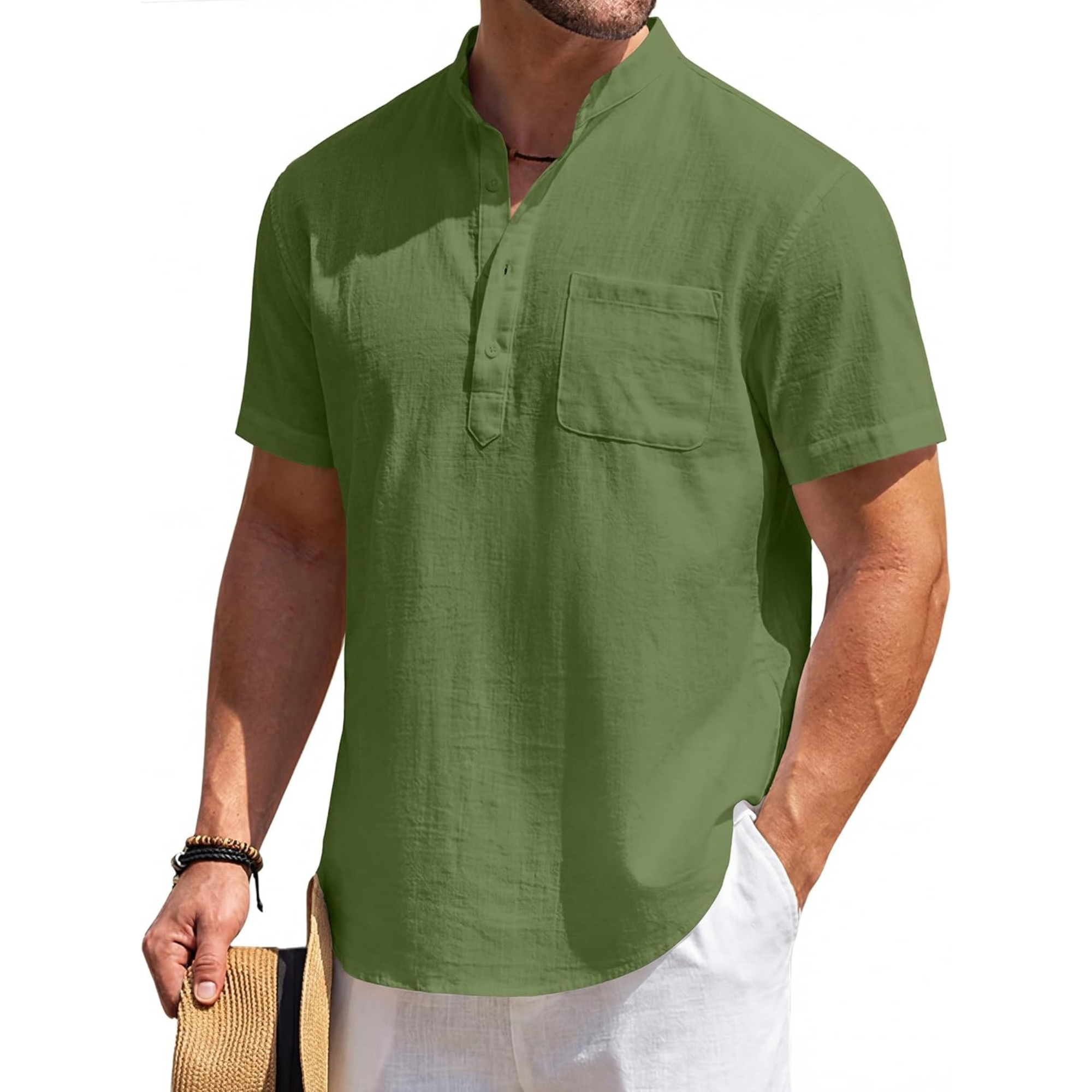 Casual Linen Henley Beach Shirt With Pocket