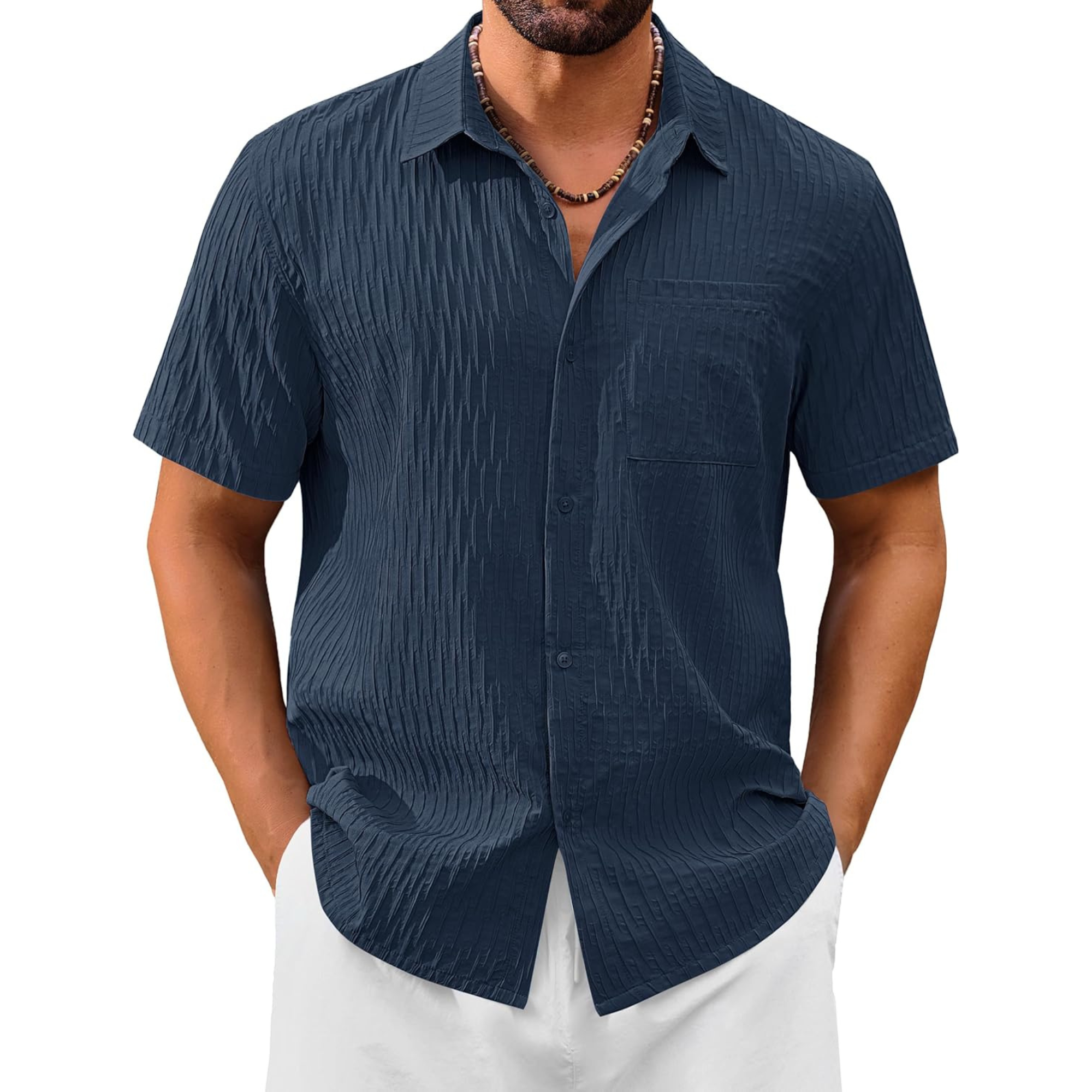 Summer Button Down Textured Pocket Shirt
