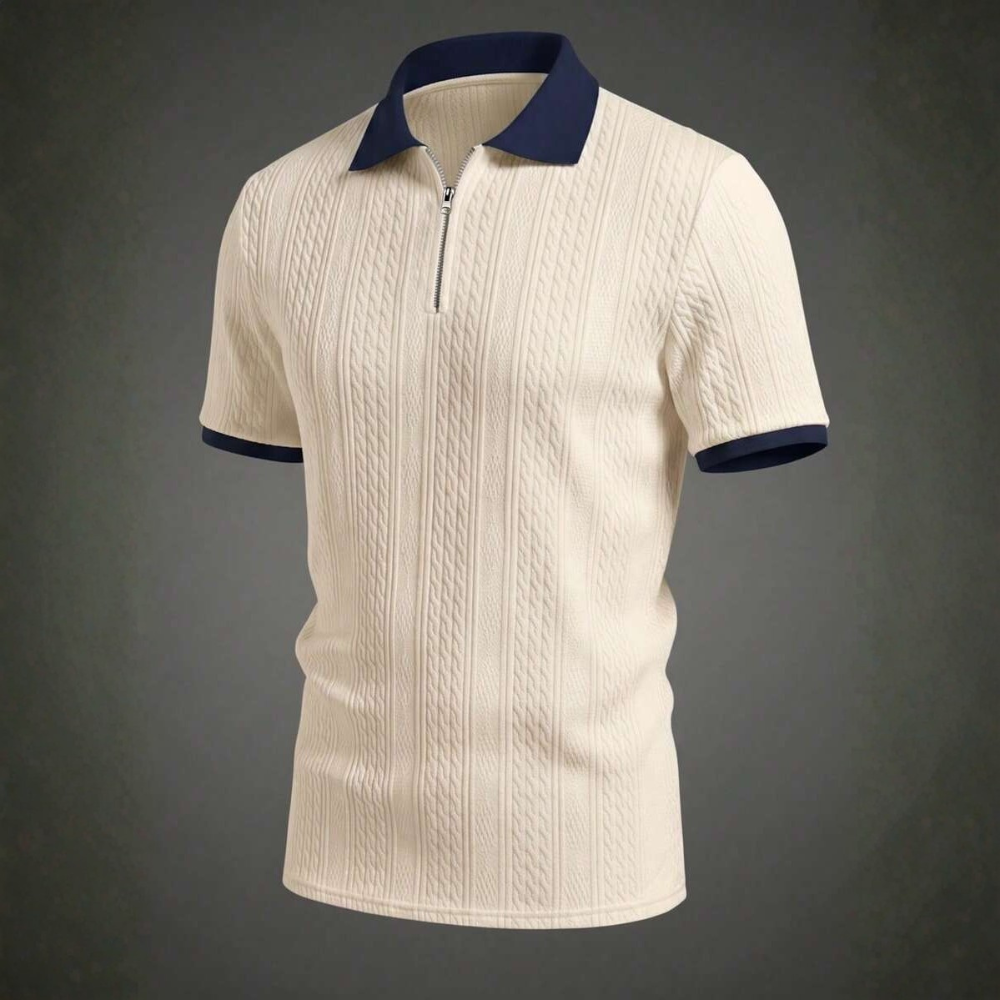 Summer Jacquard Half Zip Contrast Collar Polo Shirt