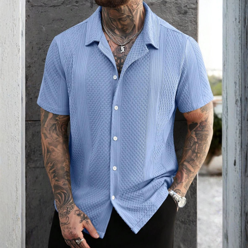 Solid Jacquard Knit Short Sleeve Shirt For Men