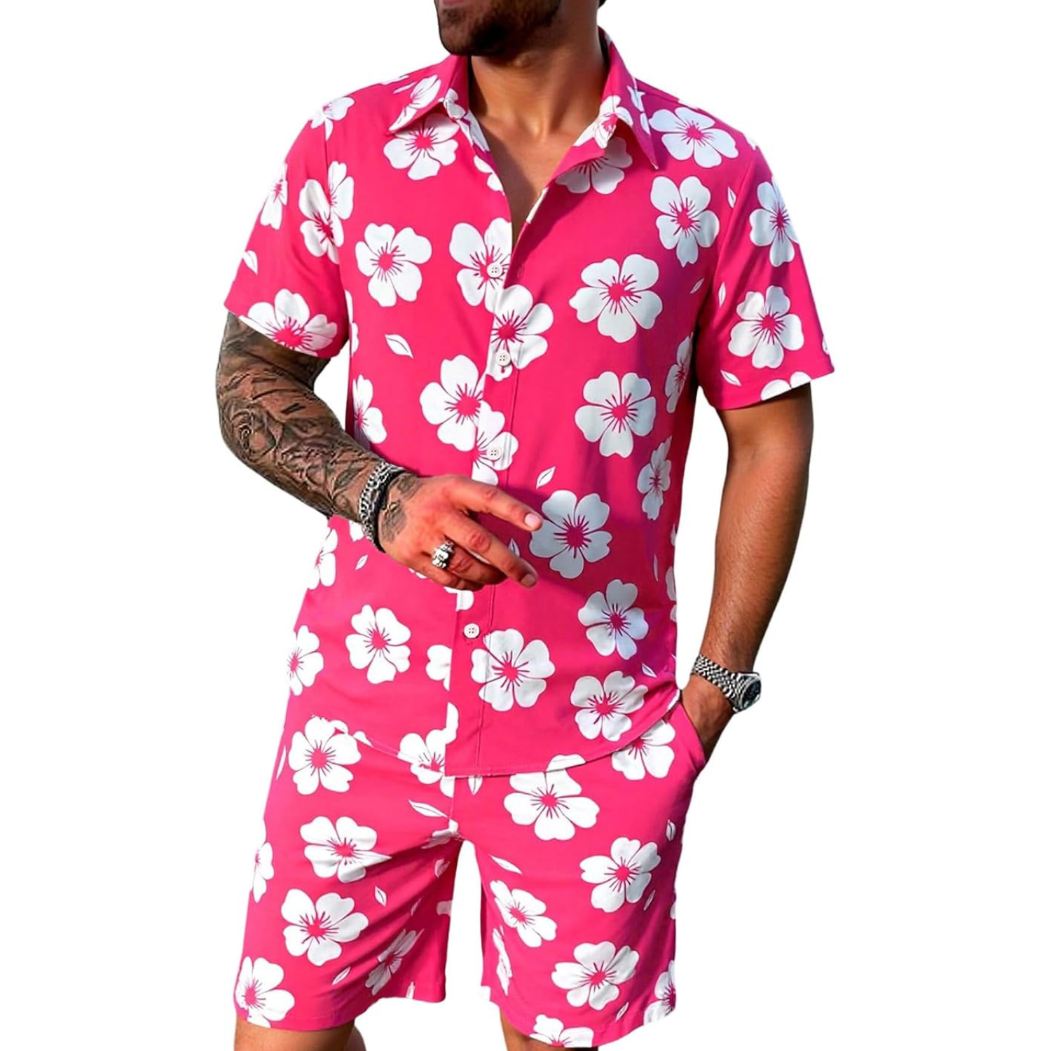 2 Pieces Button Down Shirt and Short Vacation Outfits Set