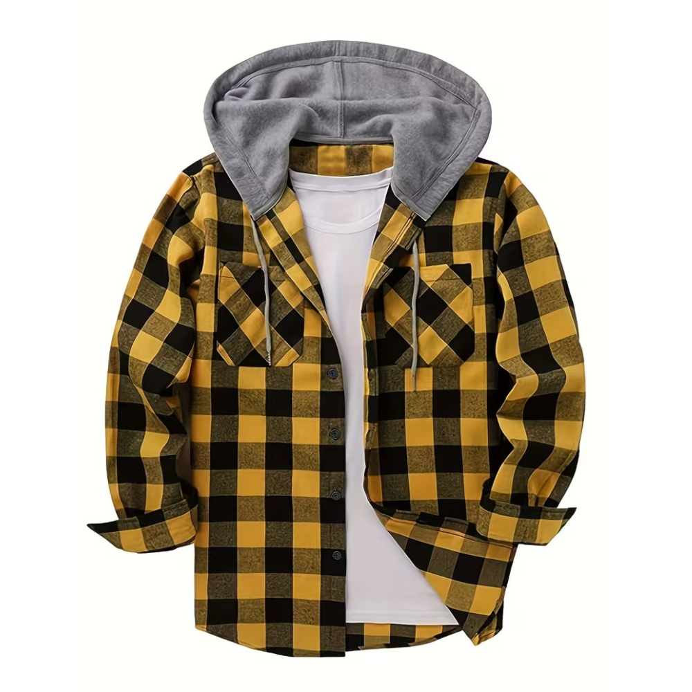 Plaid Hooded Jacket With Button Front And Long Sleeves