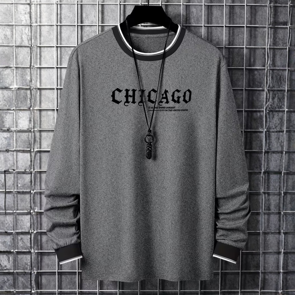 Chicago Letter Graphic Print Long Sleeve Casual T Shirt For Men