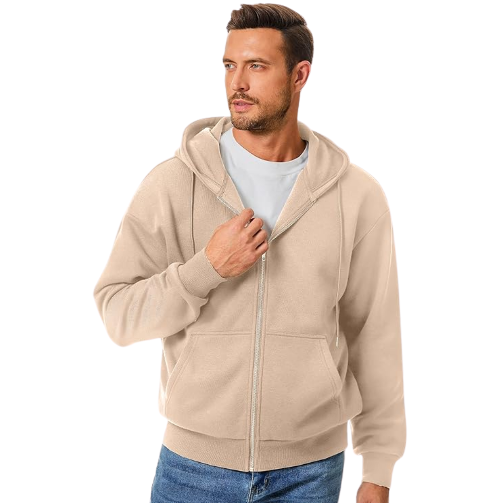 Men’s Full Zip Cotton Fleece Hoodie With Drawstring And Kangaroo Pocket