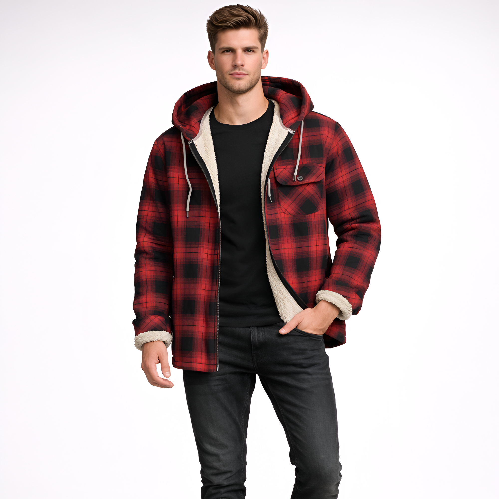 Plaid Fleece Lined Full Zip Flannel Jacket With Hood For Men