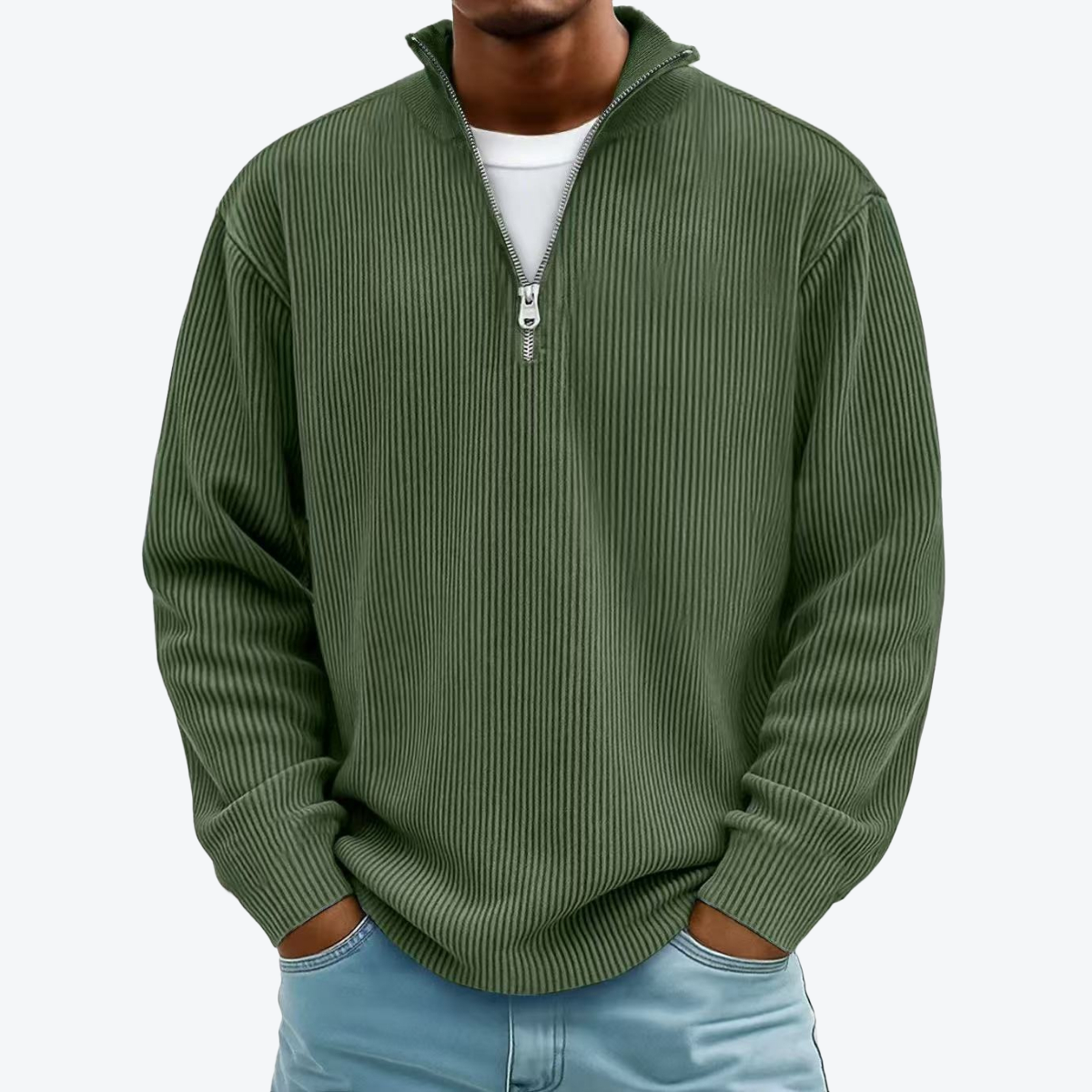 Men Corduroy Zipper Stand Collar Sweatshirt