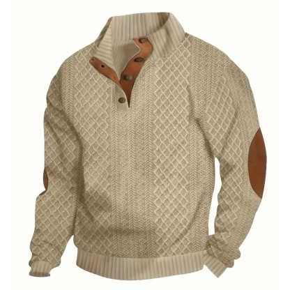 Textured Henley Long Sleeve Button Up Sweater With Stand Collar For Men