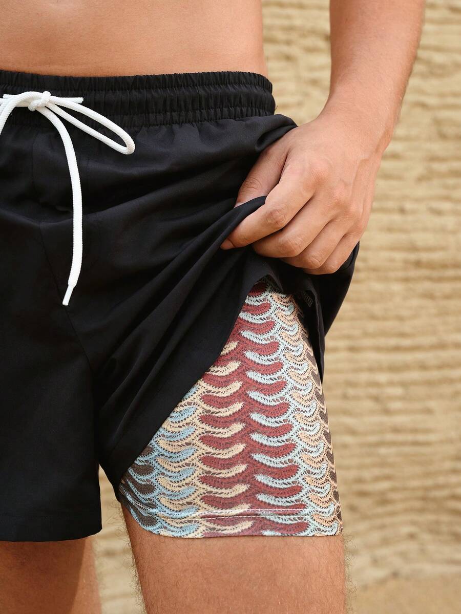 Manfinity VDAYZ 1pc Men's Summer Beach Vacation Style Drawstring Waist 2 In 1 Beach Shorts - Black - View 4