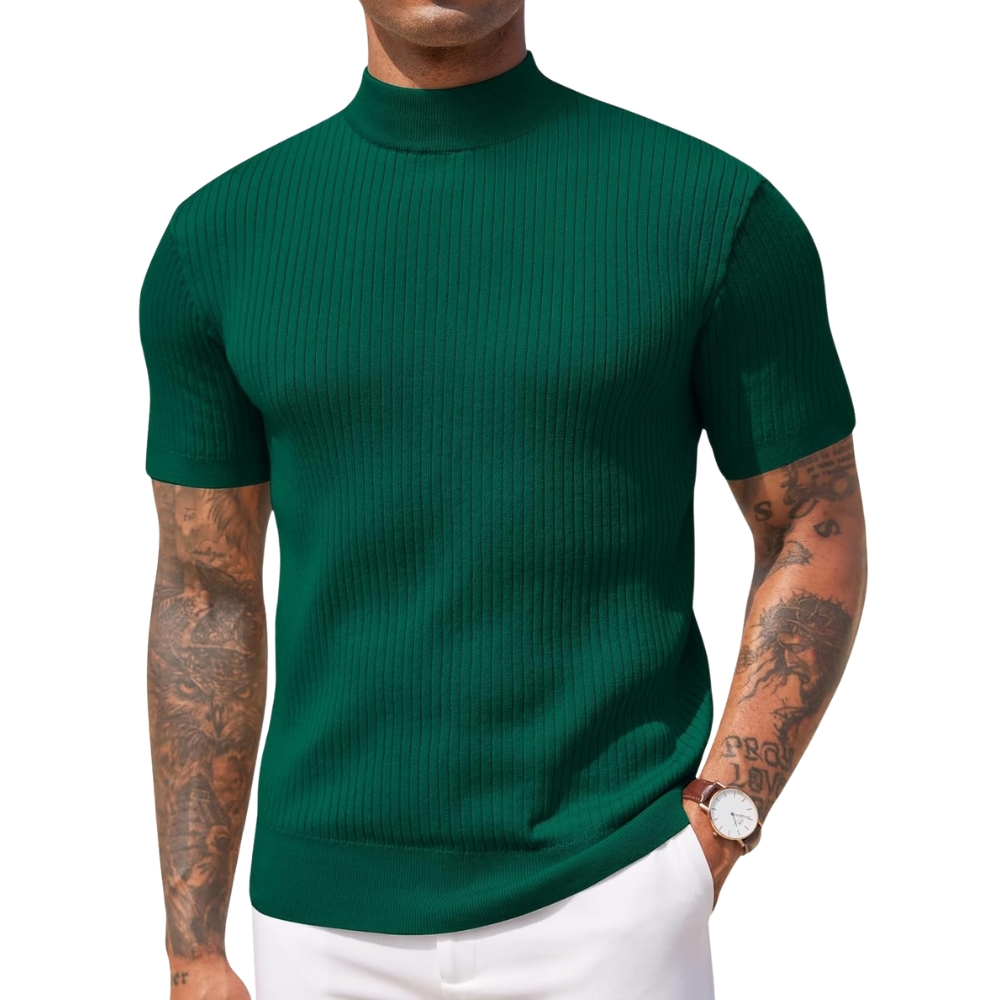 Men's Mock Turtleneck Sweater Short Sleeve Casual Basic Tops Ribbed Knit Pullover Solid Tee
