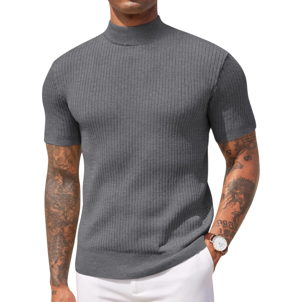 Men's Mock Turtleneck Sweater Short Sleeve Casual Basic Tops Ribbed Knit Pullover Solid Tee