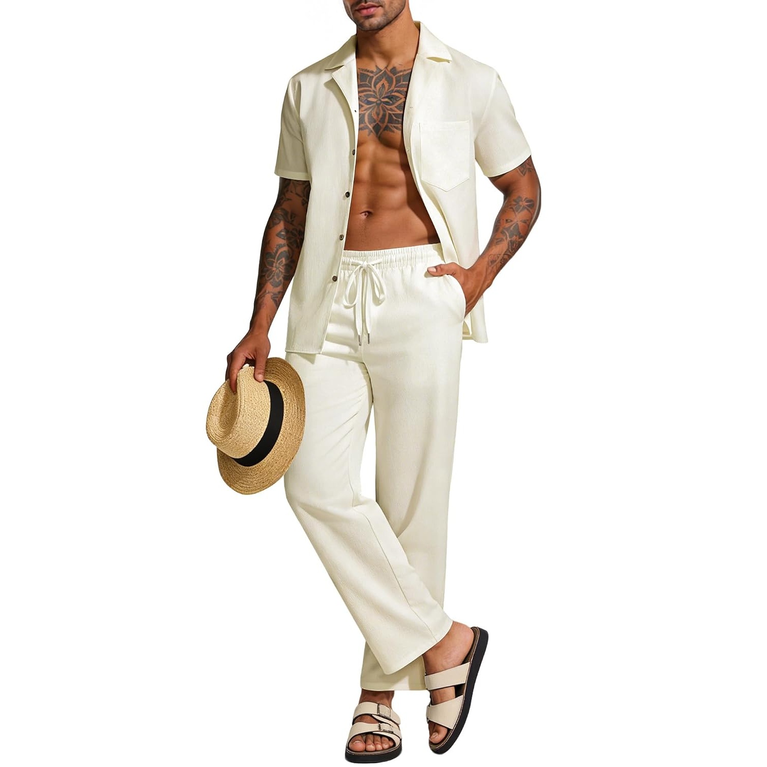 Casual Linen Summer Beach Shirt And Pant Set For Men