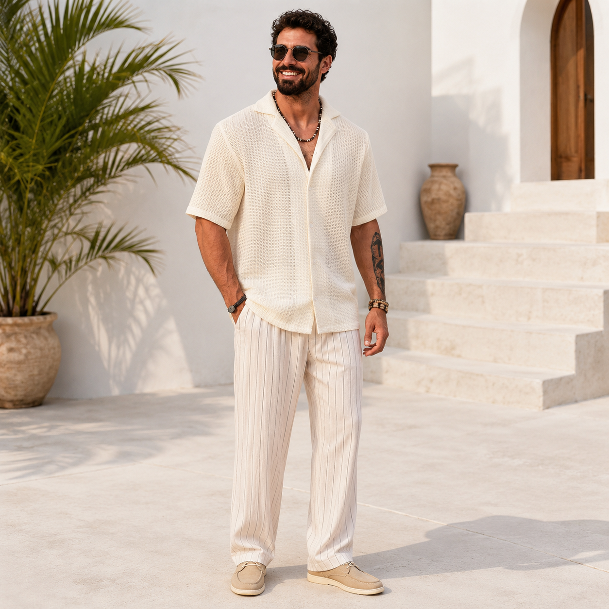 Summer Mesh Shirt With Crochet Design And Button Down Style For Men