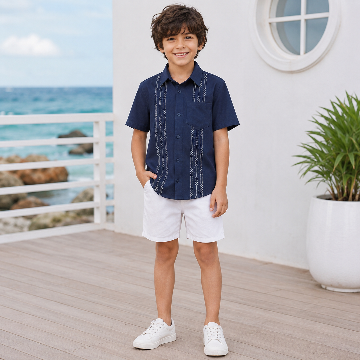 Summer Beach Shirt With Guayabera Design And Pocket For Boys
