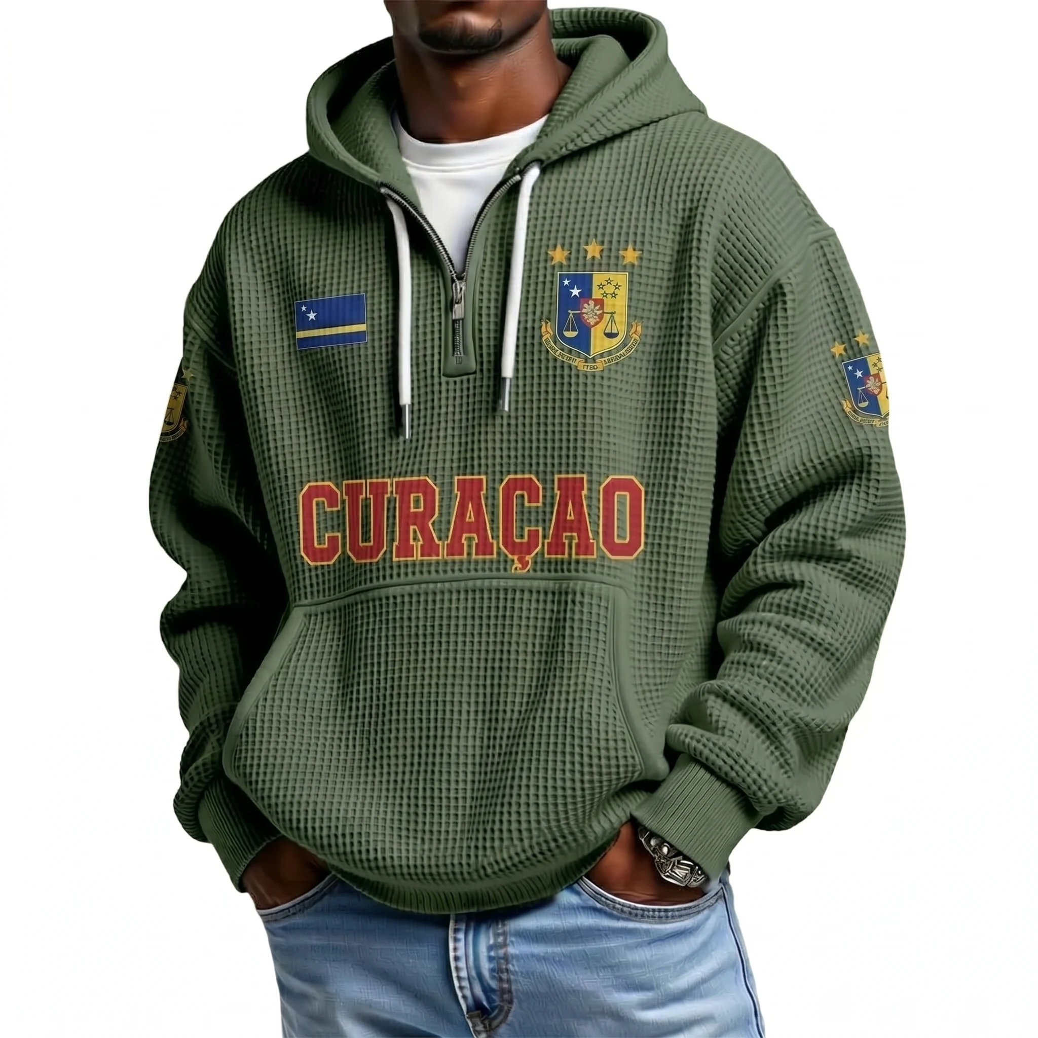Curacao Printed Waffle Quarter Zip Football Fan Hoodie
