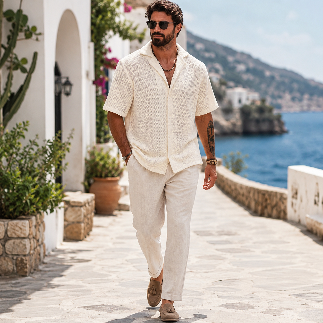 Summer Mesh Shirt With Crochet Design And Button Down Style For Men