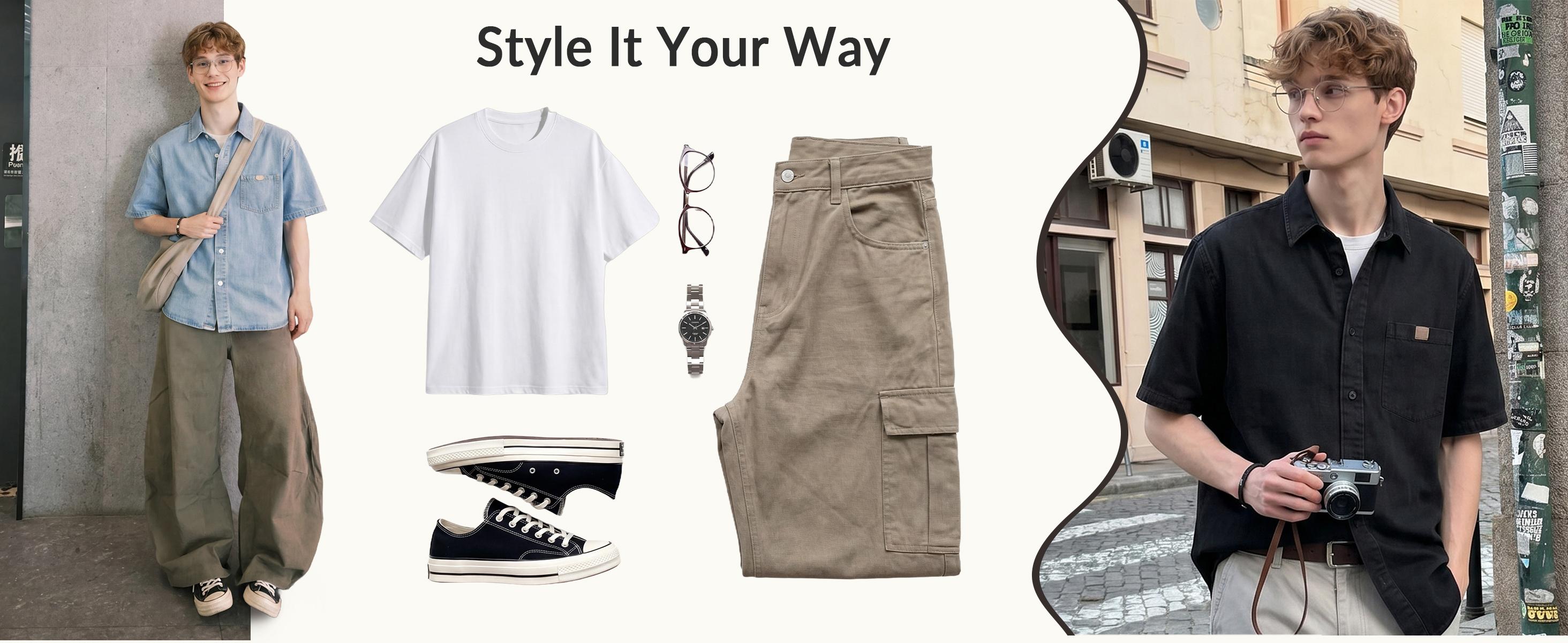Men's Vintage Light-Wash Cotton Denim Shirt, Relaxed Fit Short-Sleeve Button-Down Casual Streetwear Top, Plain Mens Clothes