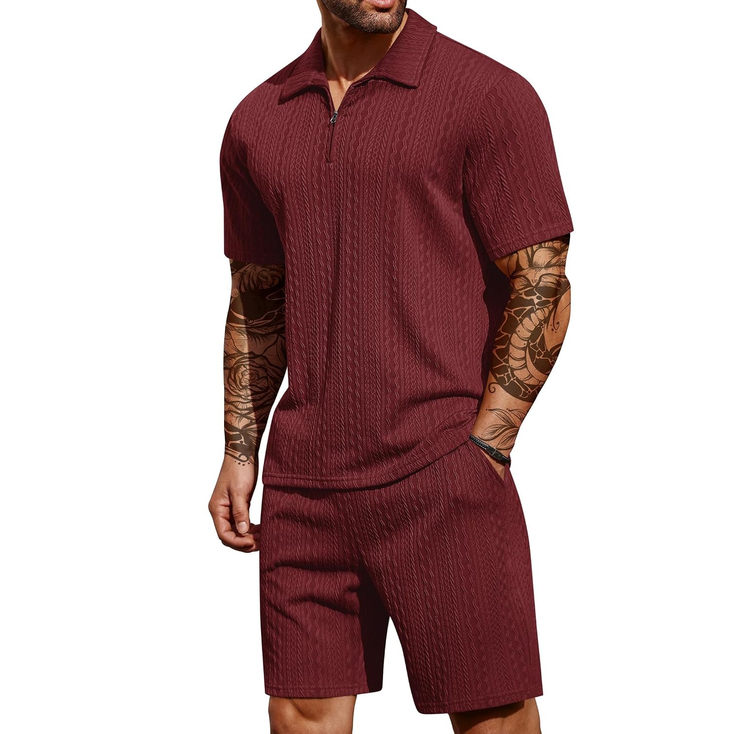 Casual Summer Athletic Quarter Shorts And Polo Shirt Set For Men