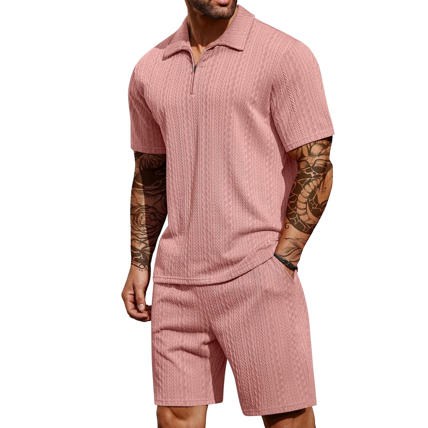 Casual Summer Athletic Quarter Shorts And Polo Shirt Set For Men