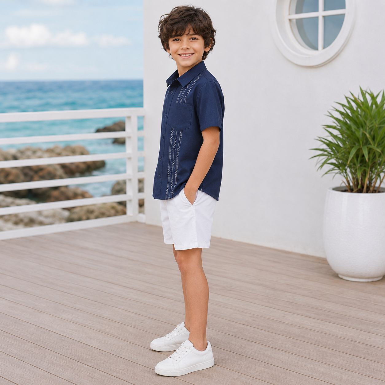 Summer Beach Shirt With Guayabera Design And Pocket For Boys