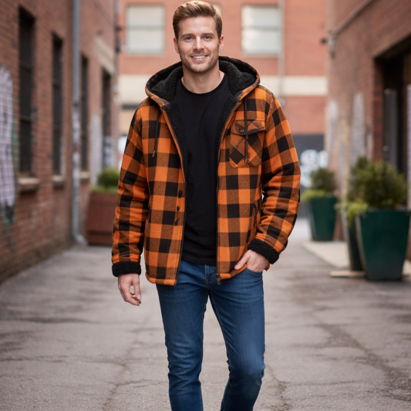 Plaid Flannel Jacket With Sherpa Lining And Fleece Interior For Men