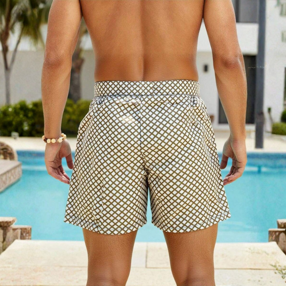 Plaid Print Dual Layer Drawstring Beach Shorts For Men
