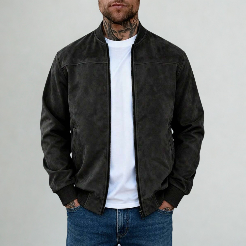 Suede Bomber Jacket With Full Zip Stand Collar For Men