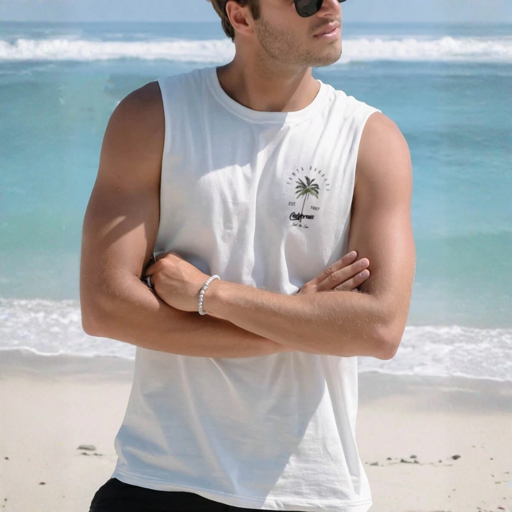 Coconut Tree Letter Print Casual Tank Top For Men