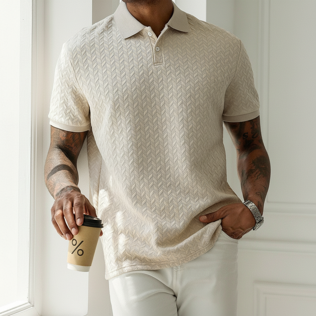 Apricot Textured Knit Short Sleeve Polo T Shirt For Men