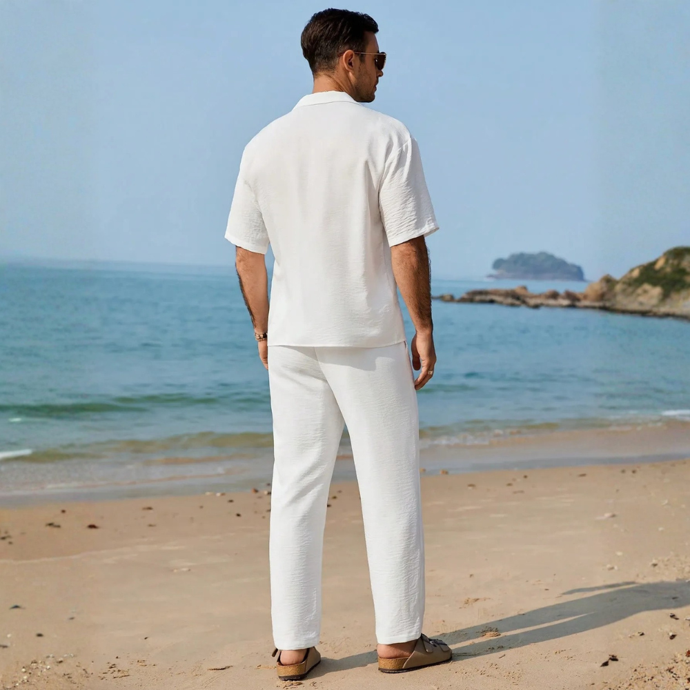 Linen Short Sleeve Ruffle Tape Shirt And Drawstring Pants For Men