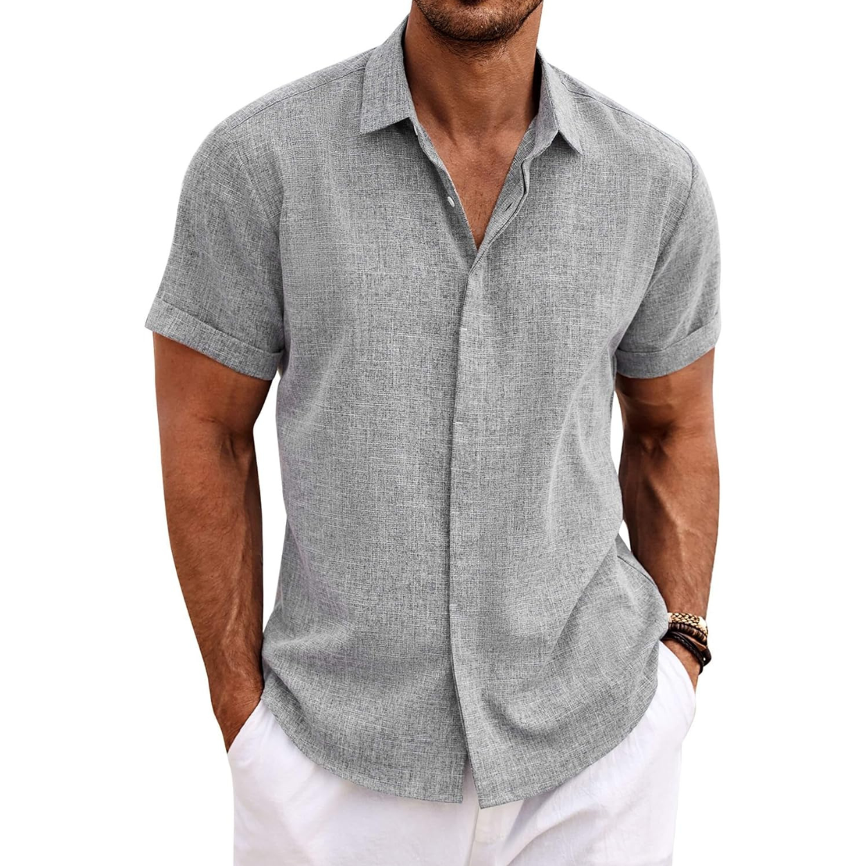 Casual Short Sleeve Linen Button Up Beach Shirt