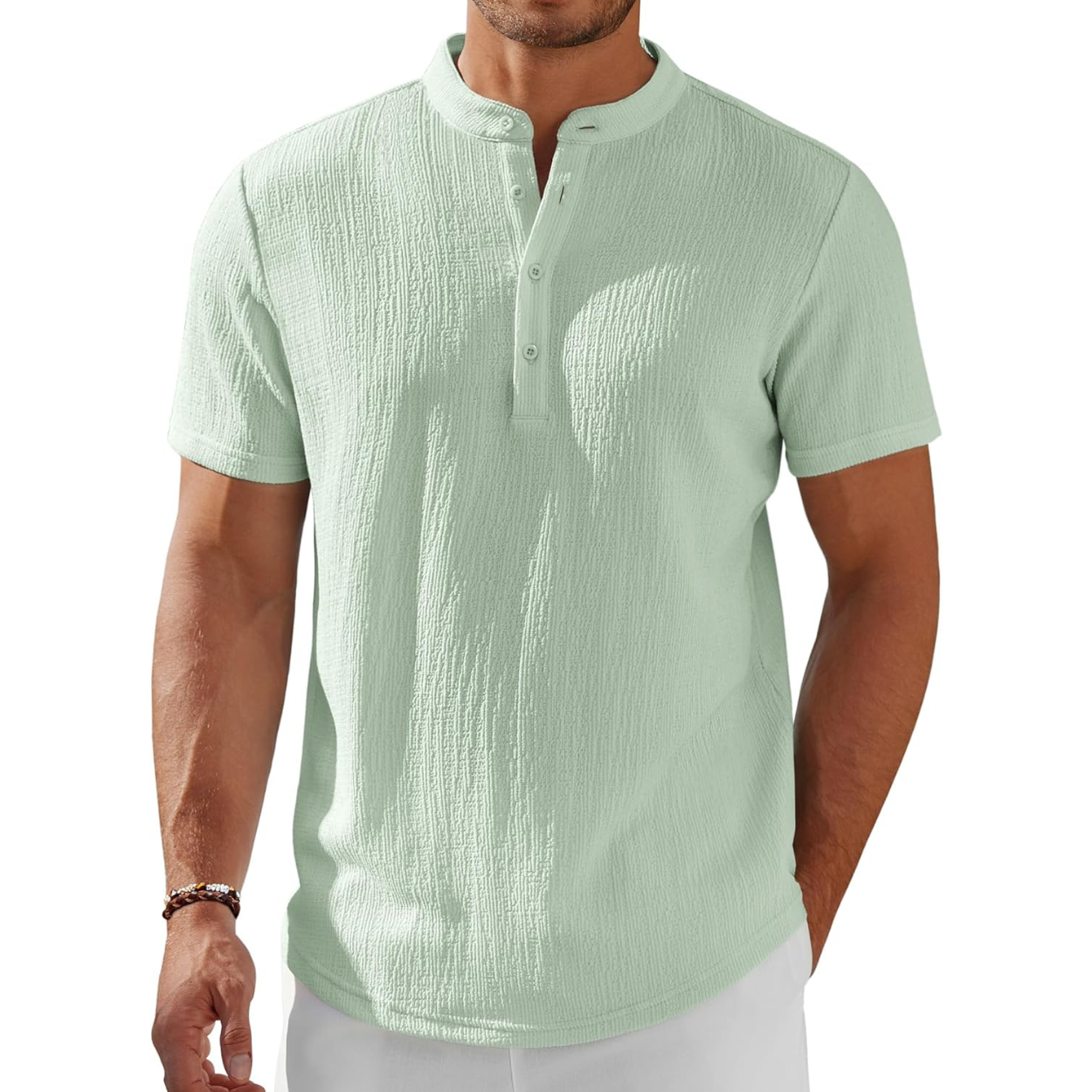 Short Sleeve Stand Collar Casual Beach Shirt For Men