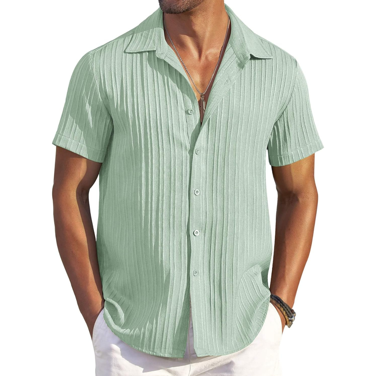 Casual Short Sleeve Textured Button Down Summer Beach Shirt For Men 