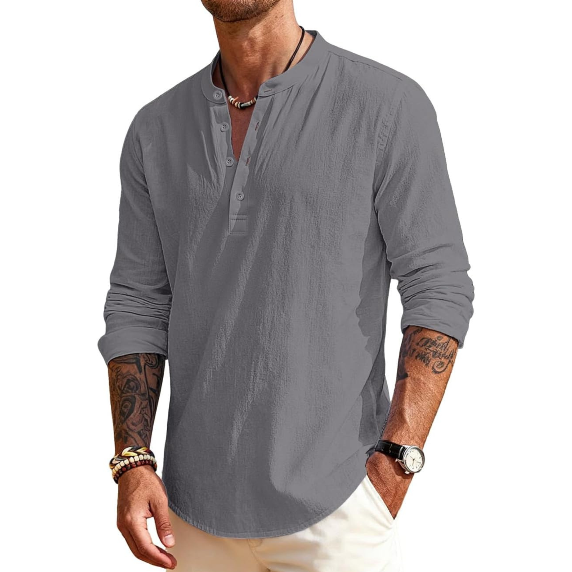 Linen Henley Long Sleeve Casual Beach Shirts