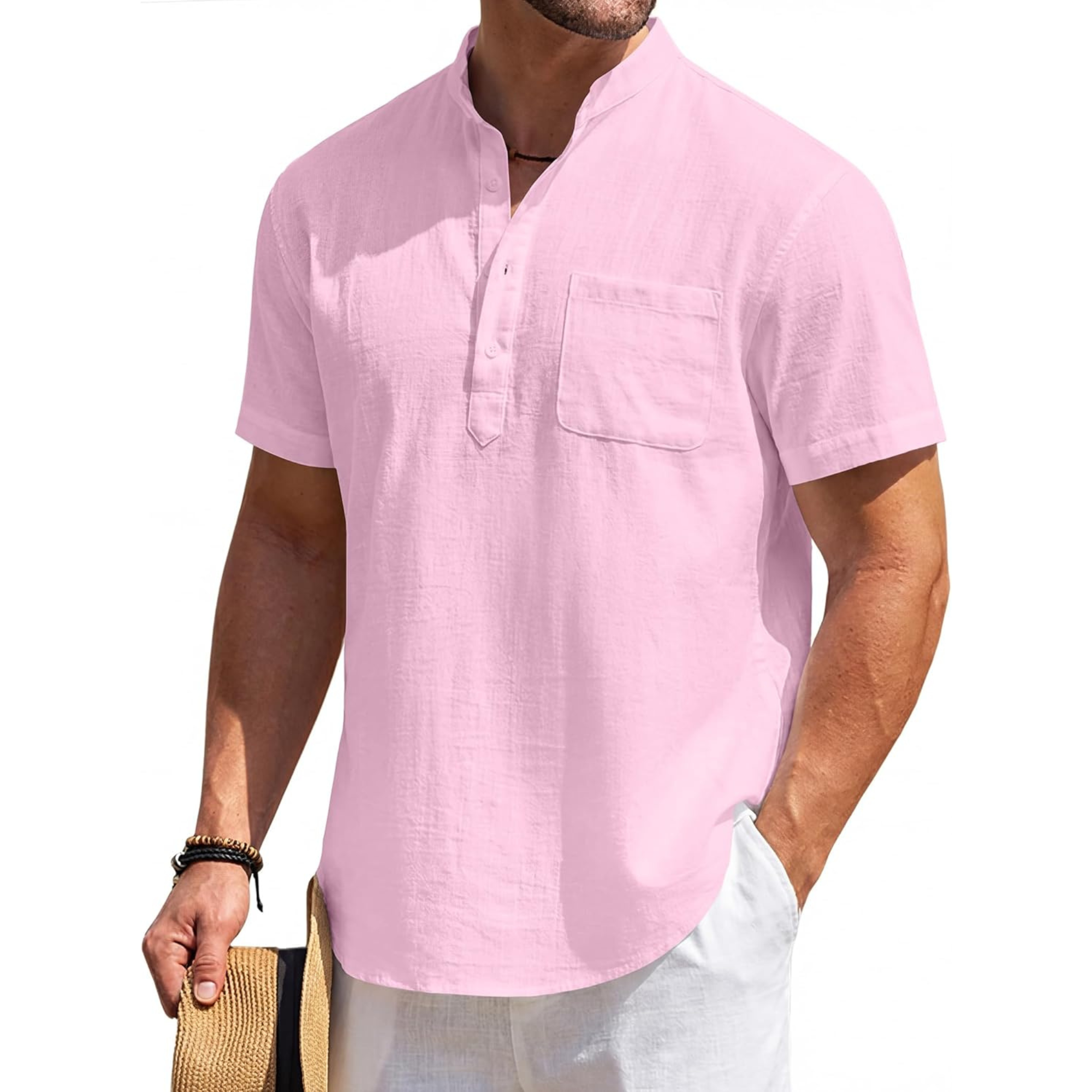 Casual Linen Henley Beach Shirt With Pocket