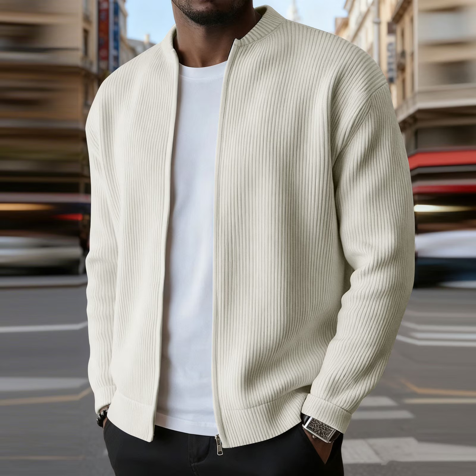 Casual Ribbed Zip Cotton Bomber Jacket for Men