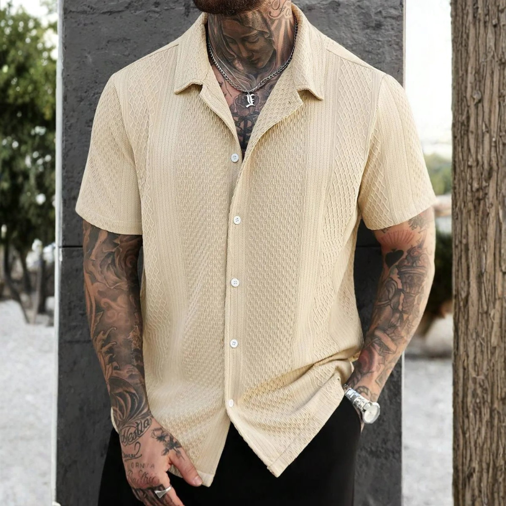 Solid Jacquard Knit Short Sleeve Shirt For Men